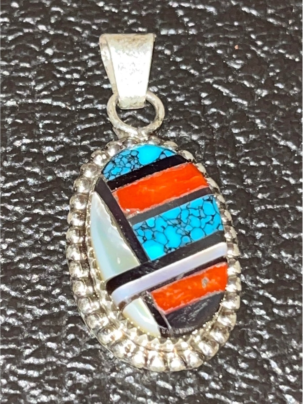 Native American Zuni jewelry handmade sterling silver turquoise inlay pendant